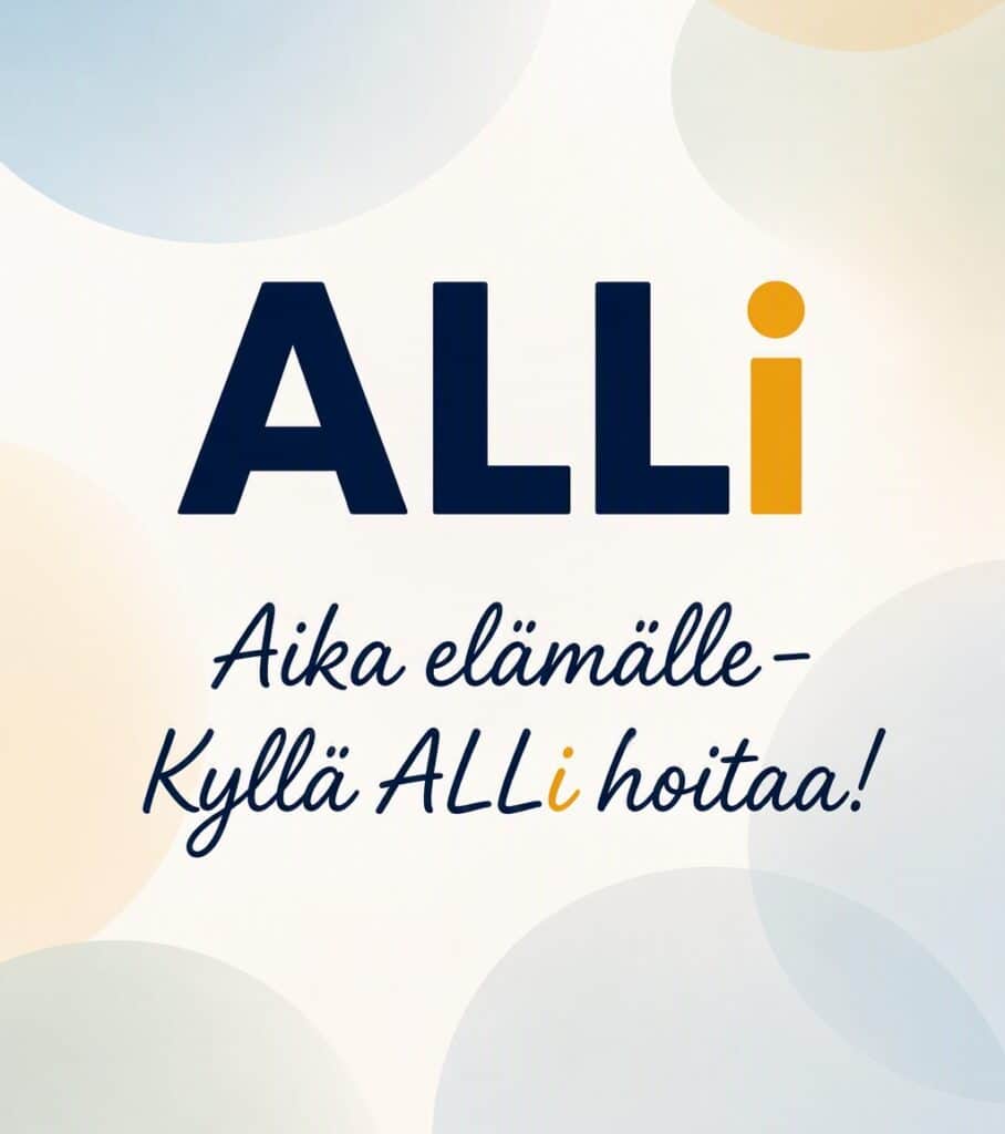 ALLi logo with Finnish slogan 'Aika elämälle – Kyllä ALLi hoitaa!' in dark blue and yellow on a soft pastel background.